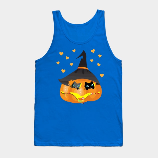 Black and Gray Cat in a Pumpkin House with Sweets Tank Top by K0tK0tu